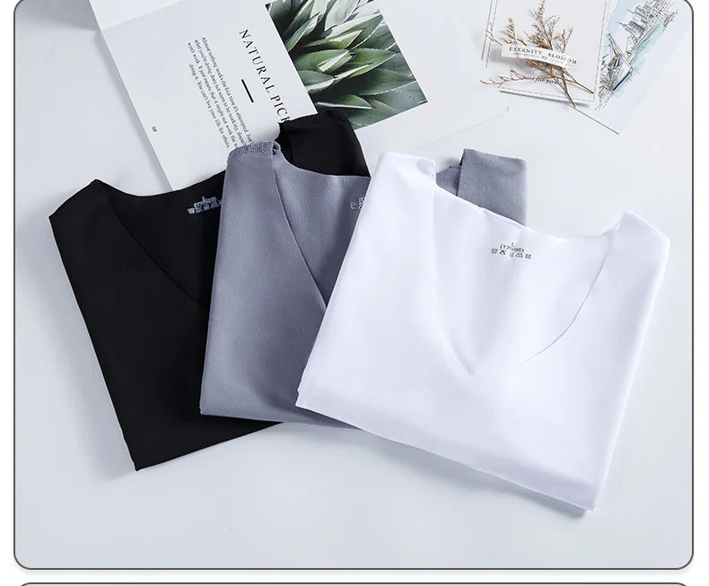 T-Shirt Sous-Vêtement Homme Soie de Glace Col V Sans Couture Slim Respirant Léger Grande Taille – Maillot de Corps Fin Confortable | Mode Homme Essentiel