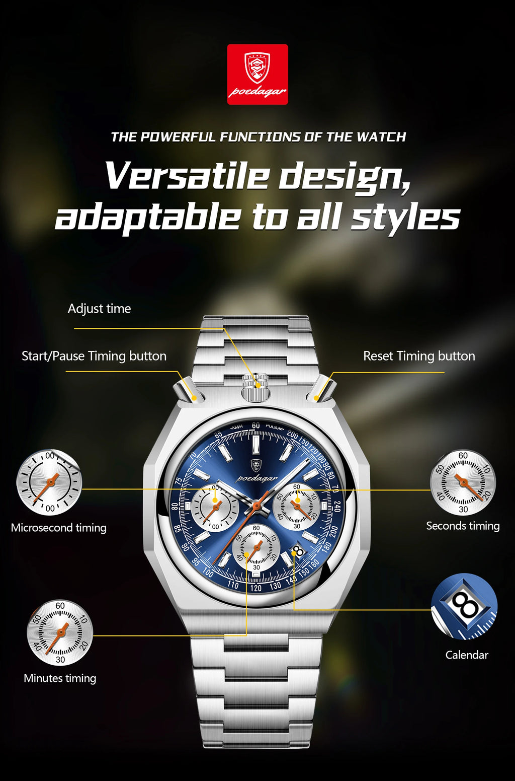 Montre Homme Luxe POEDAGAR Chronographe Militaire Acier Inoxydable Lumineux Étanche + Boîte