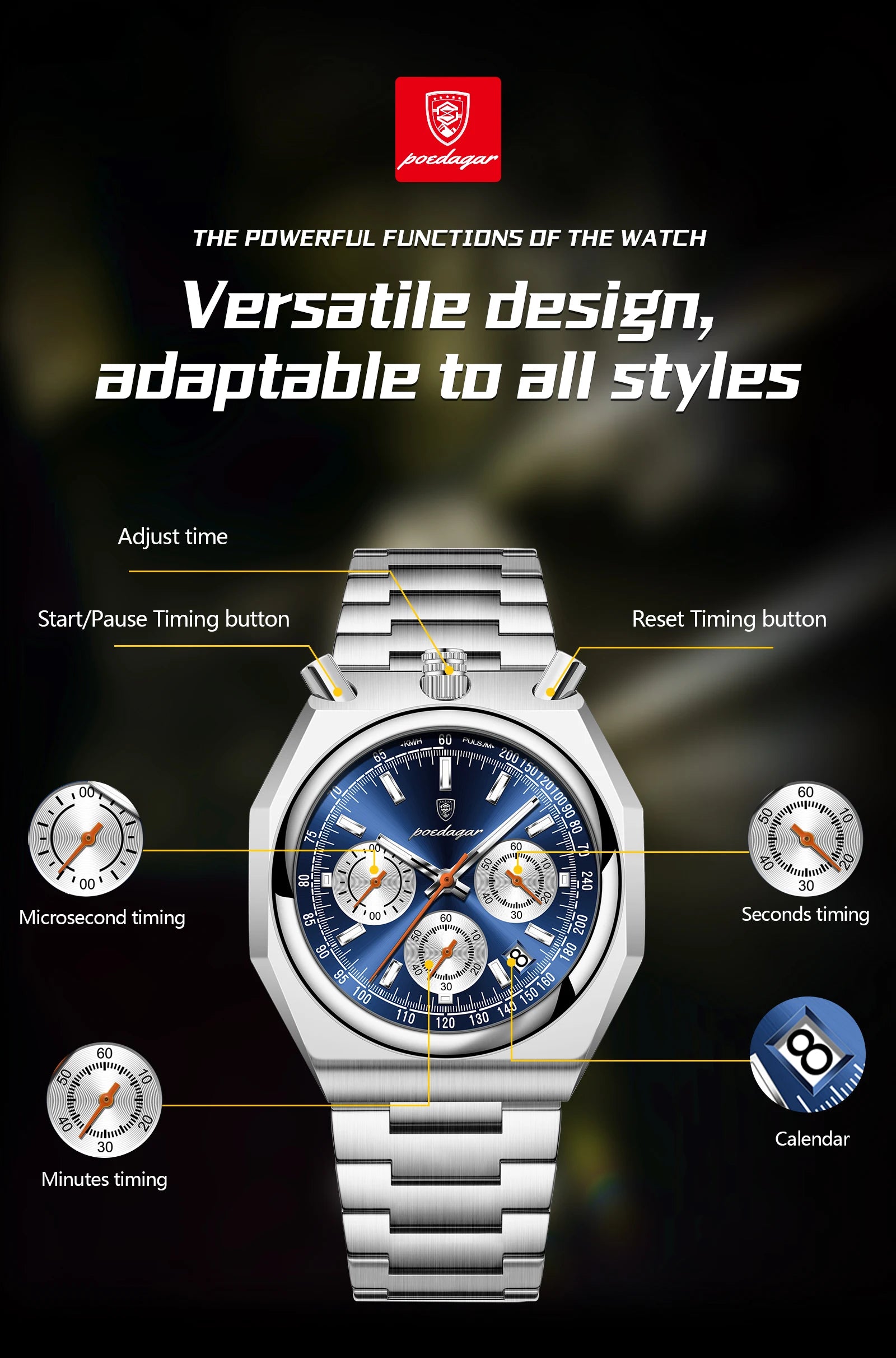 Montre Homme Luxe POEDAGAR Chronographe Militaire Acier Inoxydable Lumineux Étanche + Boîte