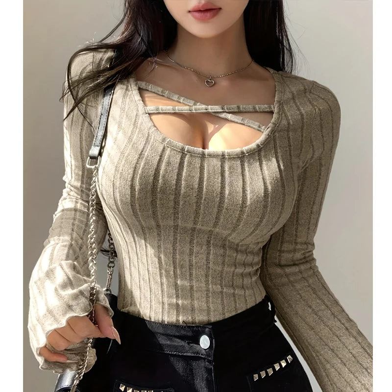 Damen Strick-Top Quadratischer Ausschnitt Langarm Überkreuzte Träger Gerippt Schmale Passform Casual – T-Shirt Streetwear Herbst Winter | Mode