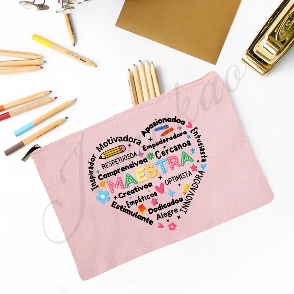 Trousse Maquillage Maestra Imprimé Coeur Espagnol – Organisateur Voyage & Crayon | Cadeau Enseignante