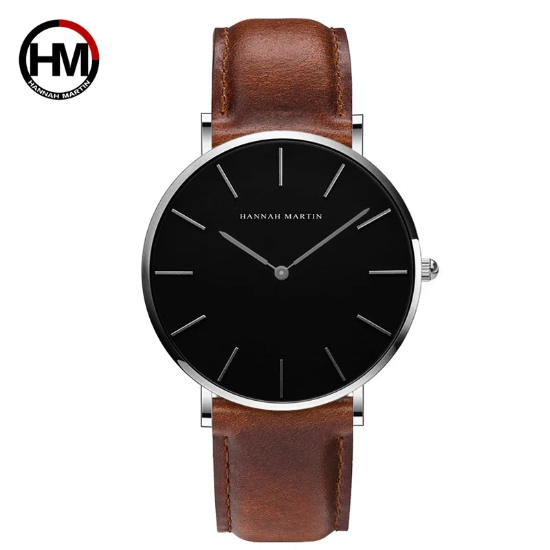 Montre Homme Hannah Martin Quartz Japonais – Bracelet Cuir Marron Argenté Étanche Fashion