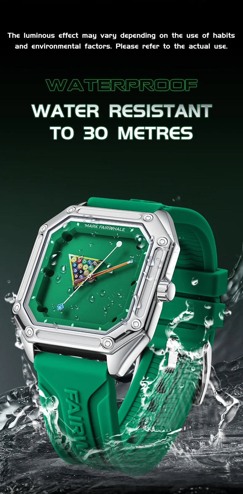 Herrenuhr Mark Fairwhale 5047 Quarz Quadratisch – Leuchtendes Billardzifferblatt Kautschuk Fashion