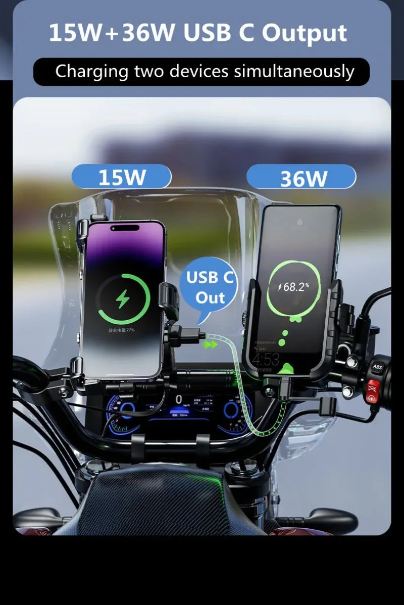 Support Téléphone Moto Chargeur Sans Fil 15W + USB-C 36W – Anti-Vol Anti-Vibration Guidon