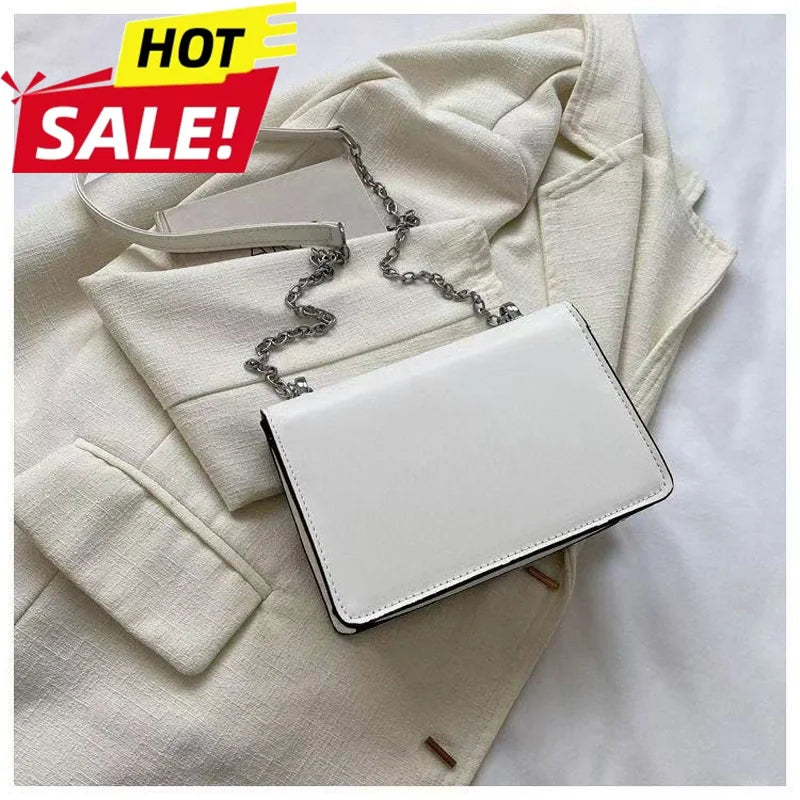 Sac Bandoulière Femme Chaîne Métal Logo – Pochette Crossbody Couleur Unie Fermeture Magnétique