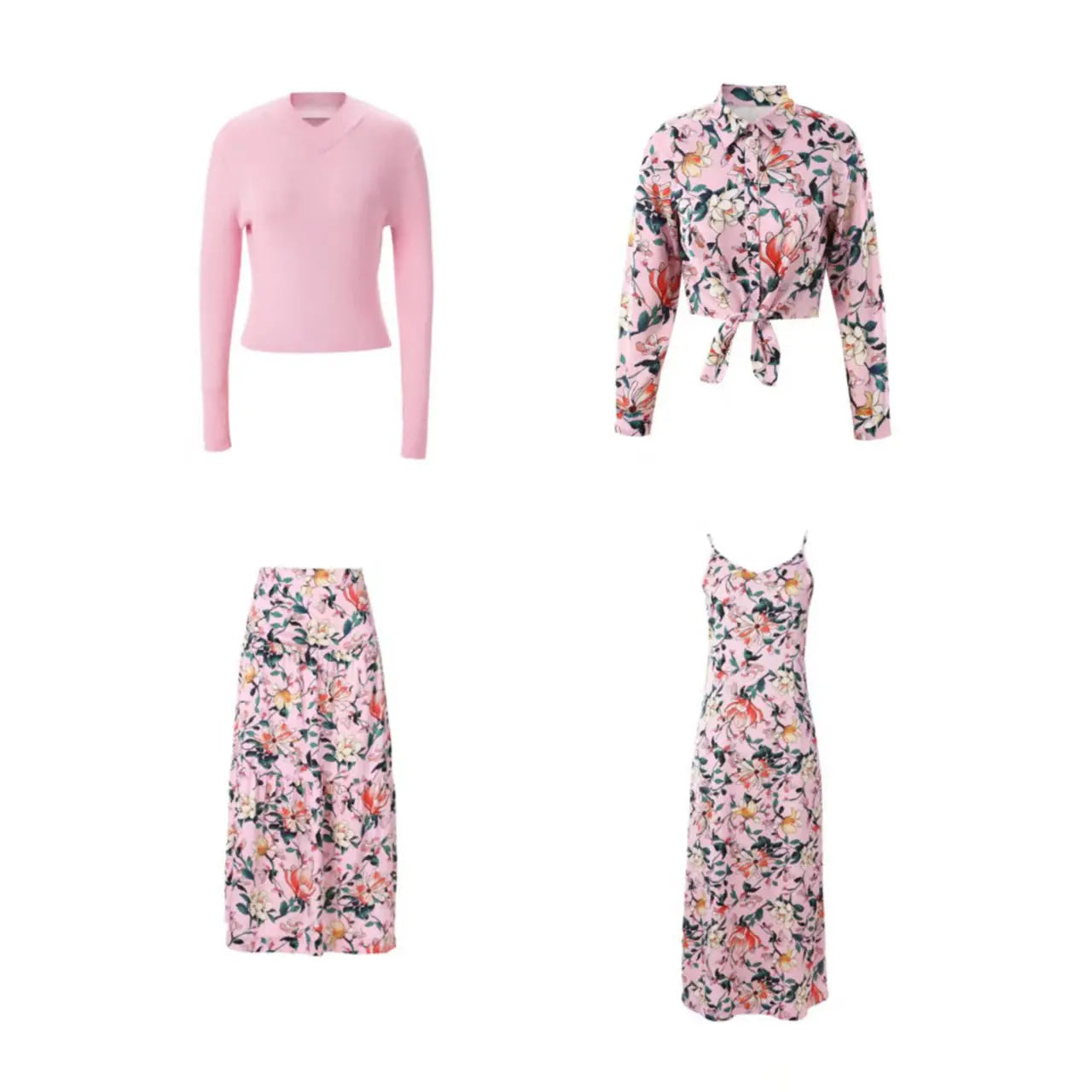 Robe Slip Satin Fleurie Rose Poudré Femme – Pull Tricoté Col V Élégant Jupe Printemps Été | AP 2025