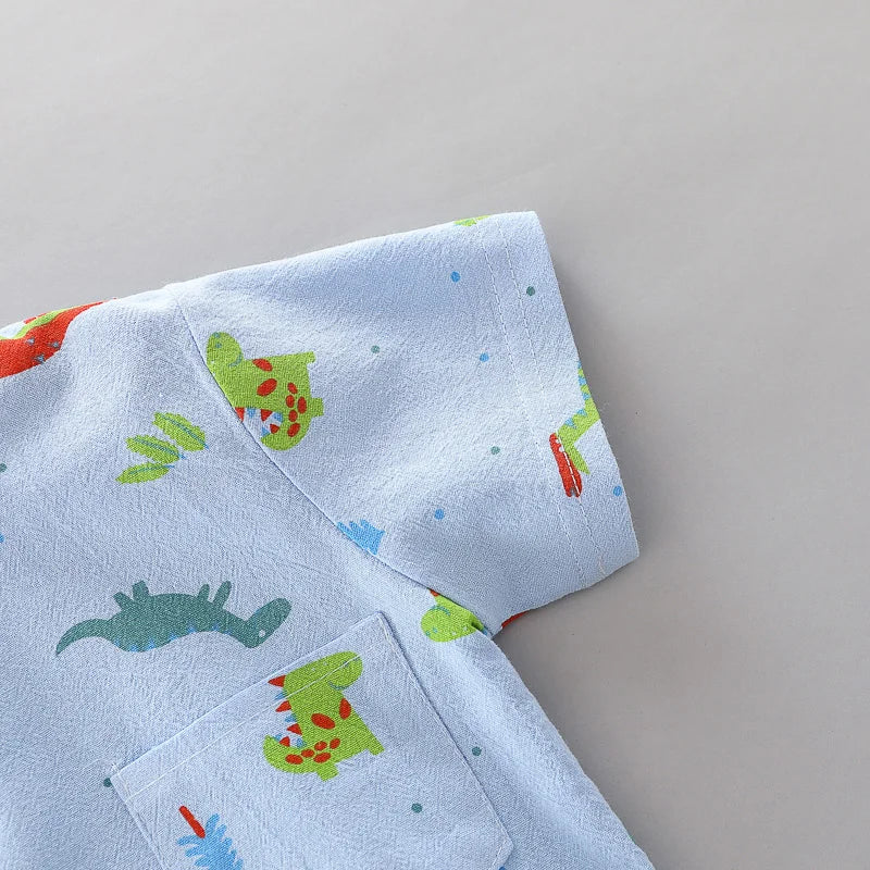 Ensemble 2 Pièces Bébé Imprimé Dinosaure Cartoon – Chemise Col Montant Manches Courtes Garçon