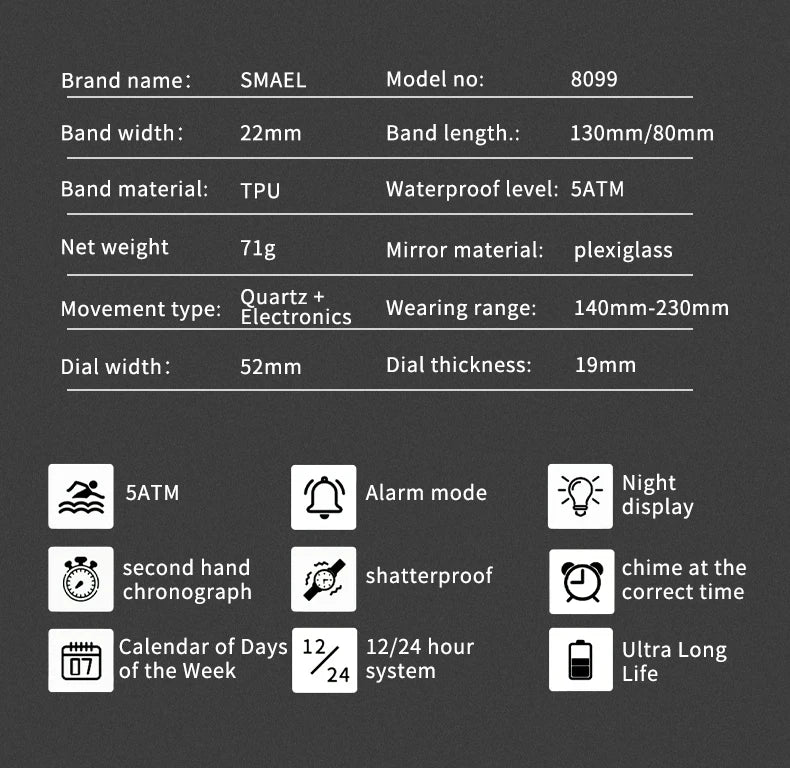 Montre Homme SMAEL 8099 Militaire Digital Sport – Étanche 50M LED Chronographe Antichoc