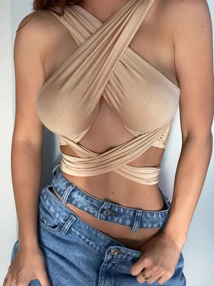 Crop Top Femme Bretelles Croisées Dos Nu Halter Neck Sans Manches Bandage Sexy – Haut Court Été Sensuel | Mode