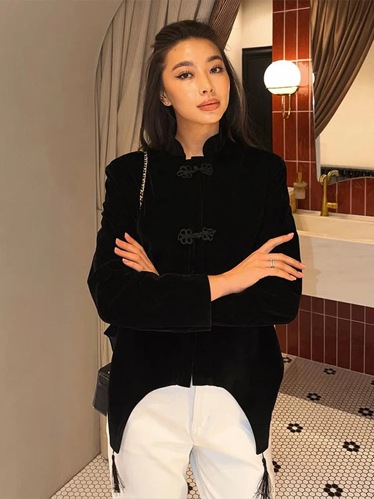 Veste Femme Velours Noir Franges Boutons Nœuds Ourlet Asymétrique Manches Longues Slim – Élégante Streetwear & Bureau
