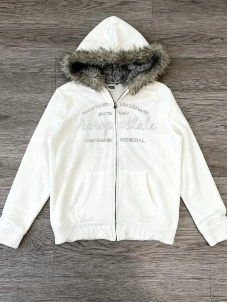 Sweat à Capuche Femme Fourrure Synthétique Rose Vintage Américain Y2K Harajuku Col Fausse Fourrure Slim Centuré – Veste Tendance Hot Girl | Mode