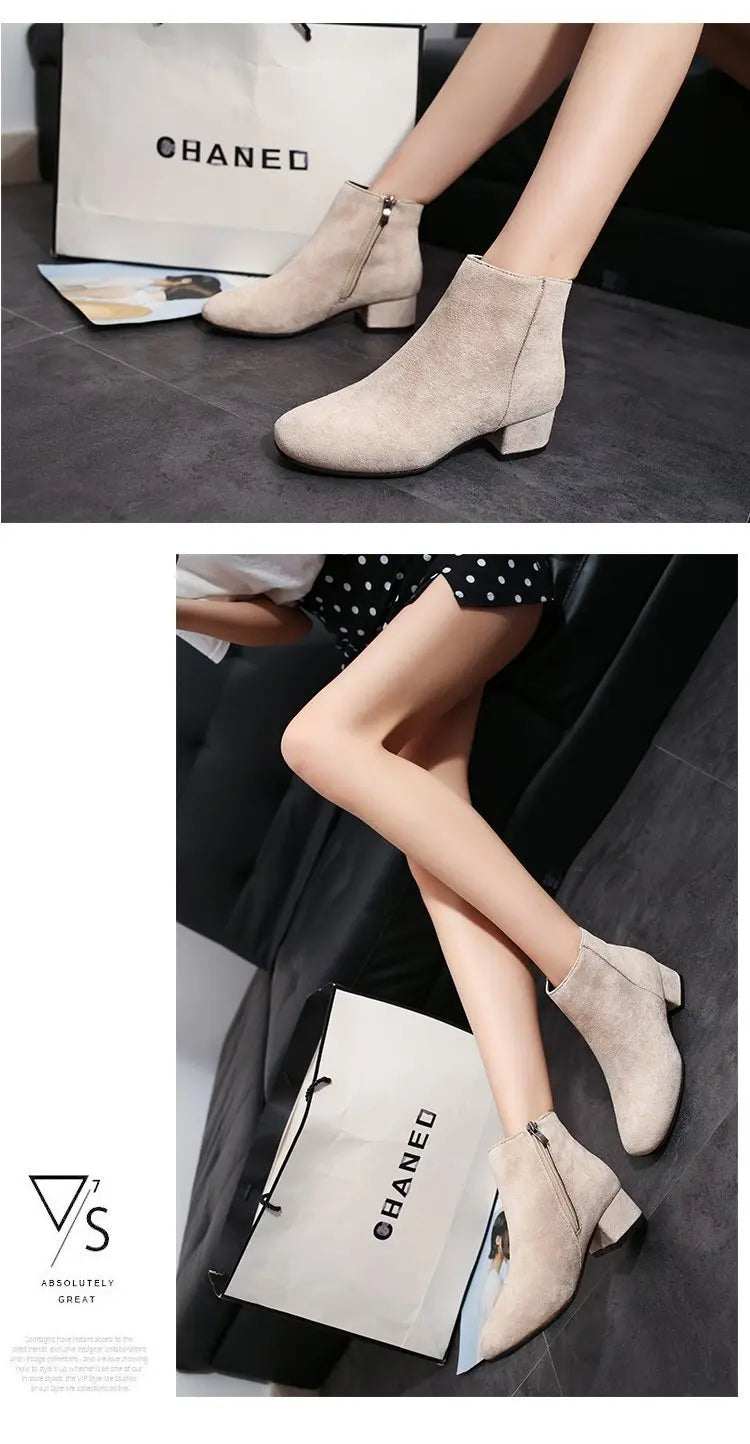 Bottines Suède Chunky Heel Snow Goth Femme – Mi-Talon Tendance Walking Élégant Automne