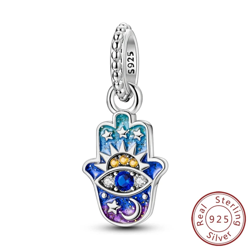 Charm Argent 925 Bleu Rotatif – Œil Démon, Main, Lune & Ciel Étoilé | Perle Pendentif Bracelet Femme | Bijou Spirituel & Mystique