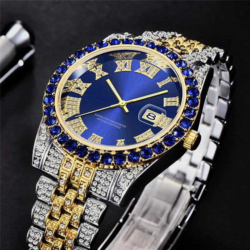 Montre Homme Hip Hop Diamant Fashion Bracelet Alliage Dorée Luxe Date Quartz Tendance Streetwear Bling | Montre Hip Hop Diamant Dorée Premium