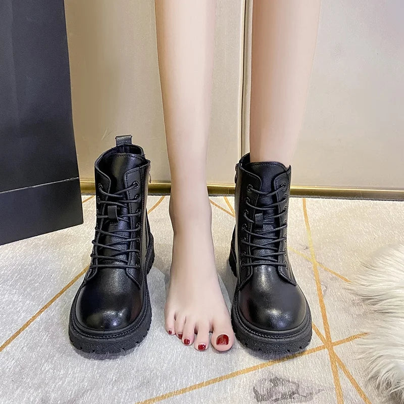 Bottines Talon Carré Zip Cross Belt Femme – Bout Rond Rehaussantes Sexy Printemps Automne