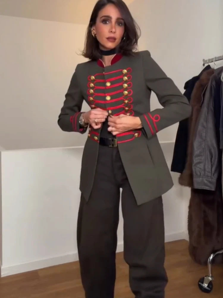 Veste Courte Femme Style Militaire Napoléon Vert Kaki Col Droit Boutonnage Simple – Chic Rétro High Street