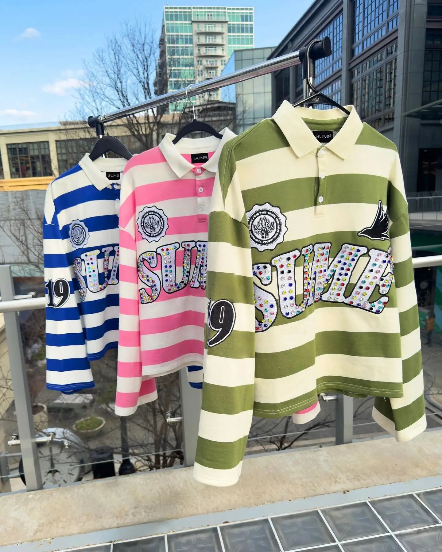 Polo Shirt Unisexe Gothique Broderie Pierre Précieuse Y2K Harajuku Hip-Hop Rayures Col Polo Manches Longues Loose | Polo Gothique Premium