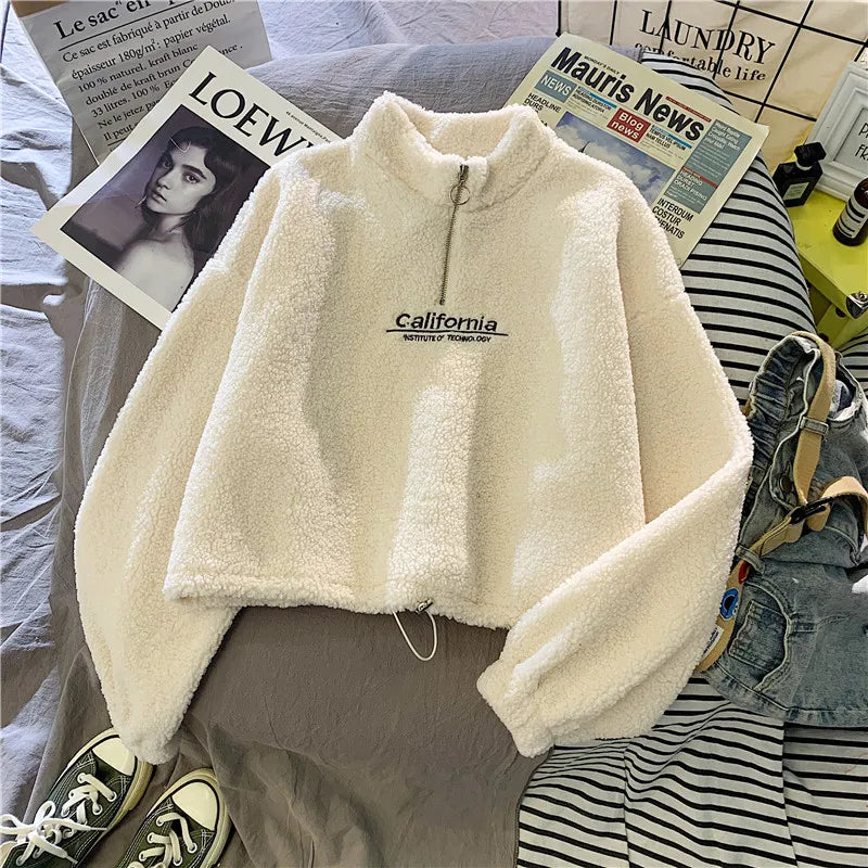 Sweat Court Femme Col Montant Polaire Brodé Cordon Manches Longues Velours Peluche Élégant – Hoodie Crop | Automne