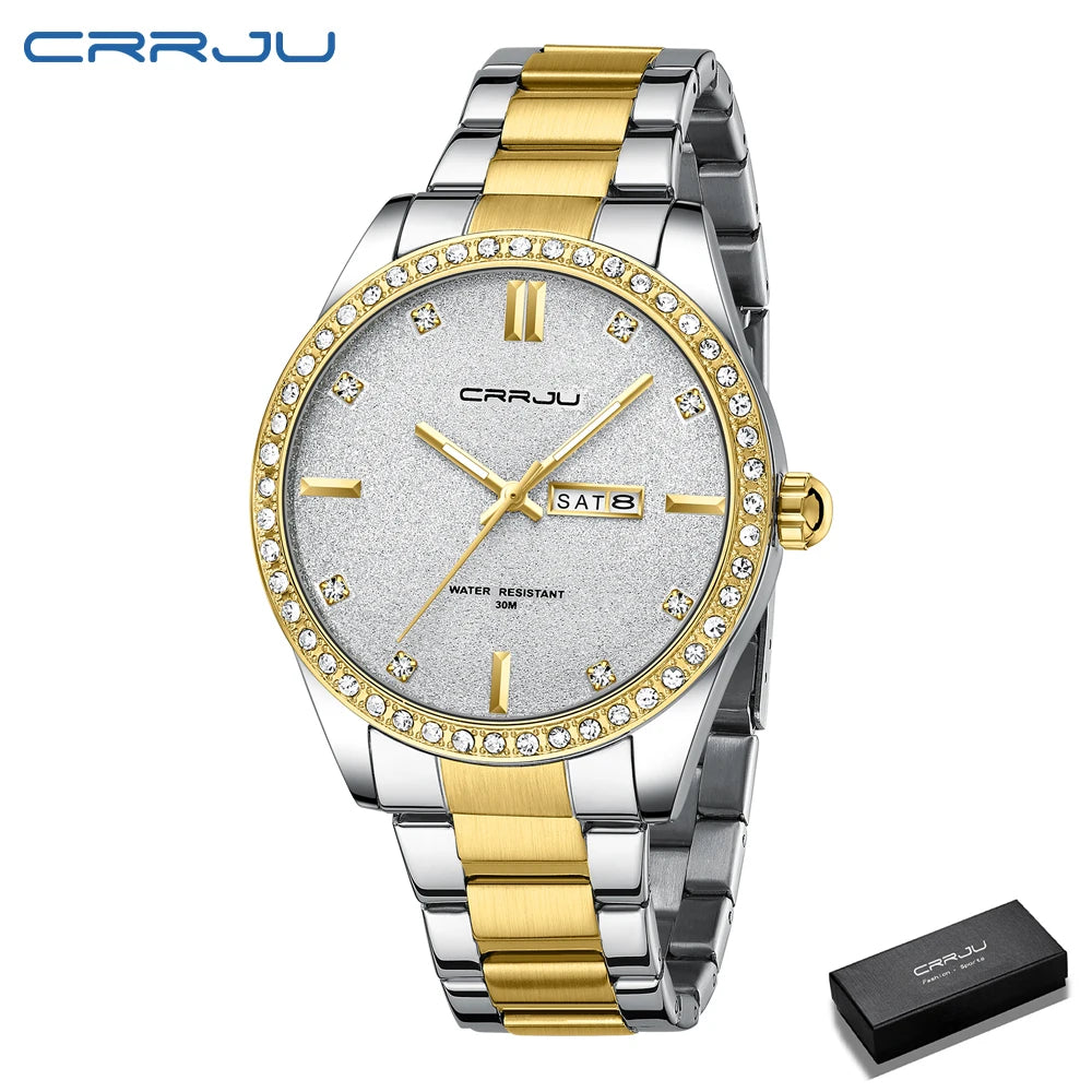 Montre Homme CRRJU Moissanite Diamant Luxe Cadran Doré Acier Inoxydable Lumineux Élégante Premium | Montre CRRJU Moissanite Diamant Luxe Premium