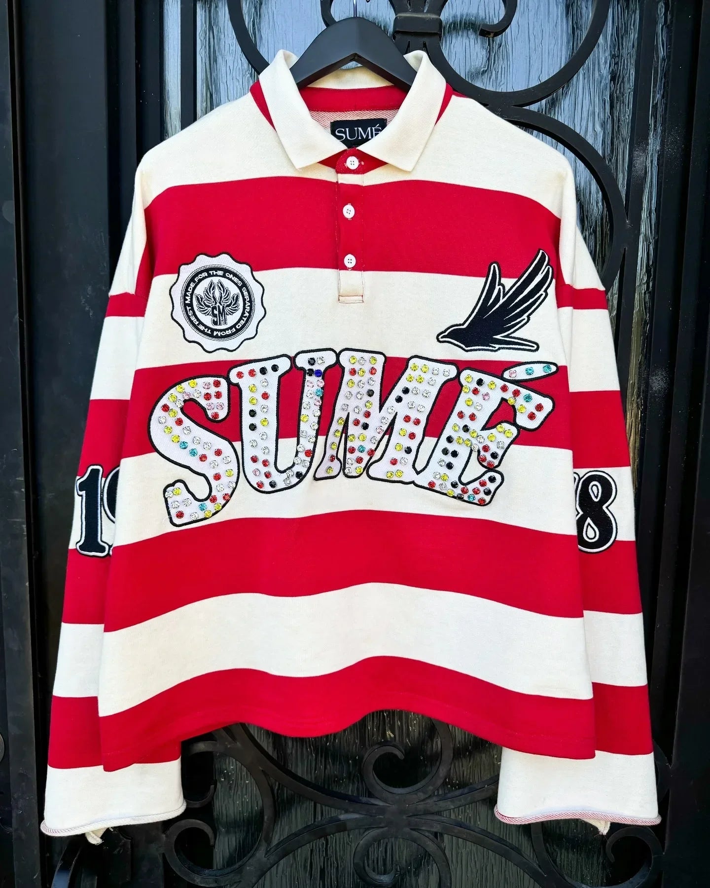 Polo Shirt Unisexe Gothique Broderie Pierre Précieuse Y2K Harajuku Hip-Hop Rayures Col Polo Manches Longues Loose | Polo Gothique Premium