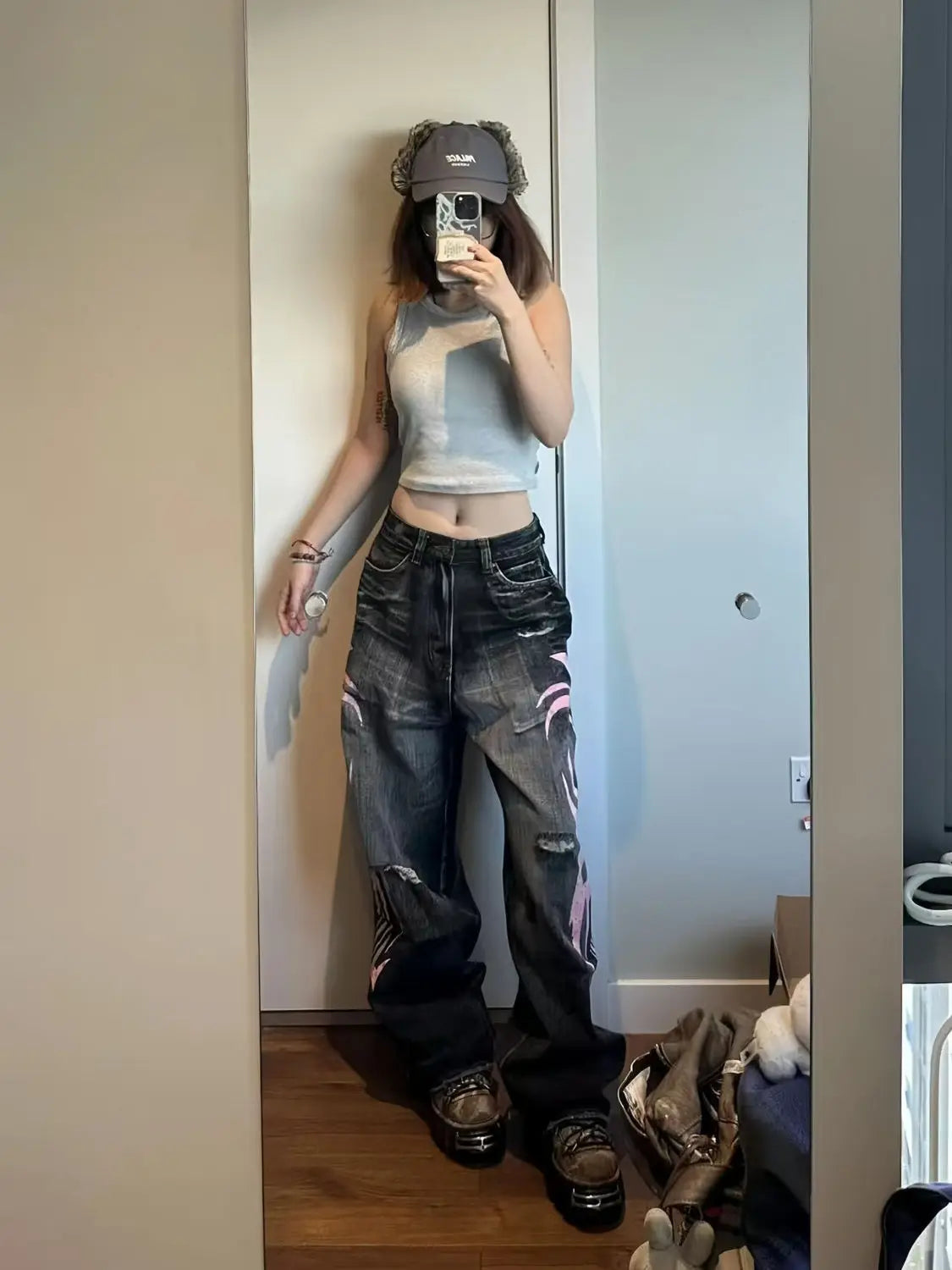 Jean Large Y2K Vintage Imprimé Totem Taille Haute - Baggy Harajuku Hip-hop Streetwear Femme