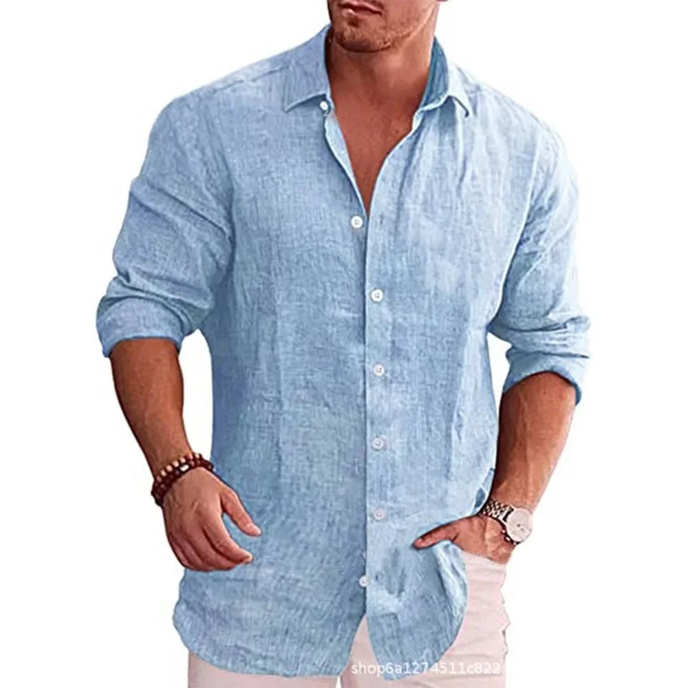 Chemise Homme Lin Coton Manches Longues Couleur Unie Casual Resort Style Polyvalente Automne Élégante Respirante – Chemise Lin Premium Toutes Saisons | Mode Homme Premium