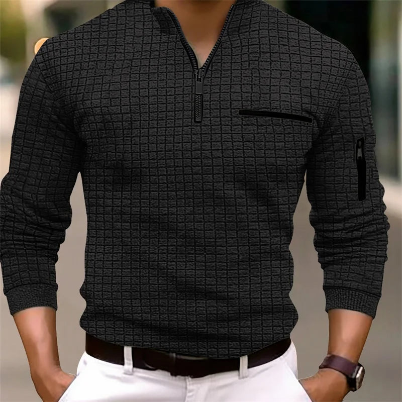 Polo Homme Col Montant Zip À Carreaux Manches Longues Respirant – Sport Business Casual Printemps Automne | Mode Homme Élégant