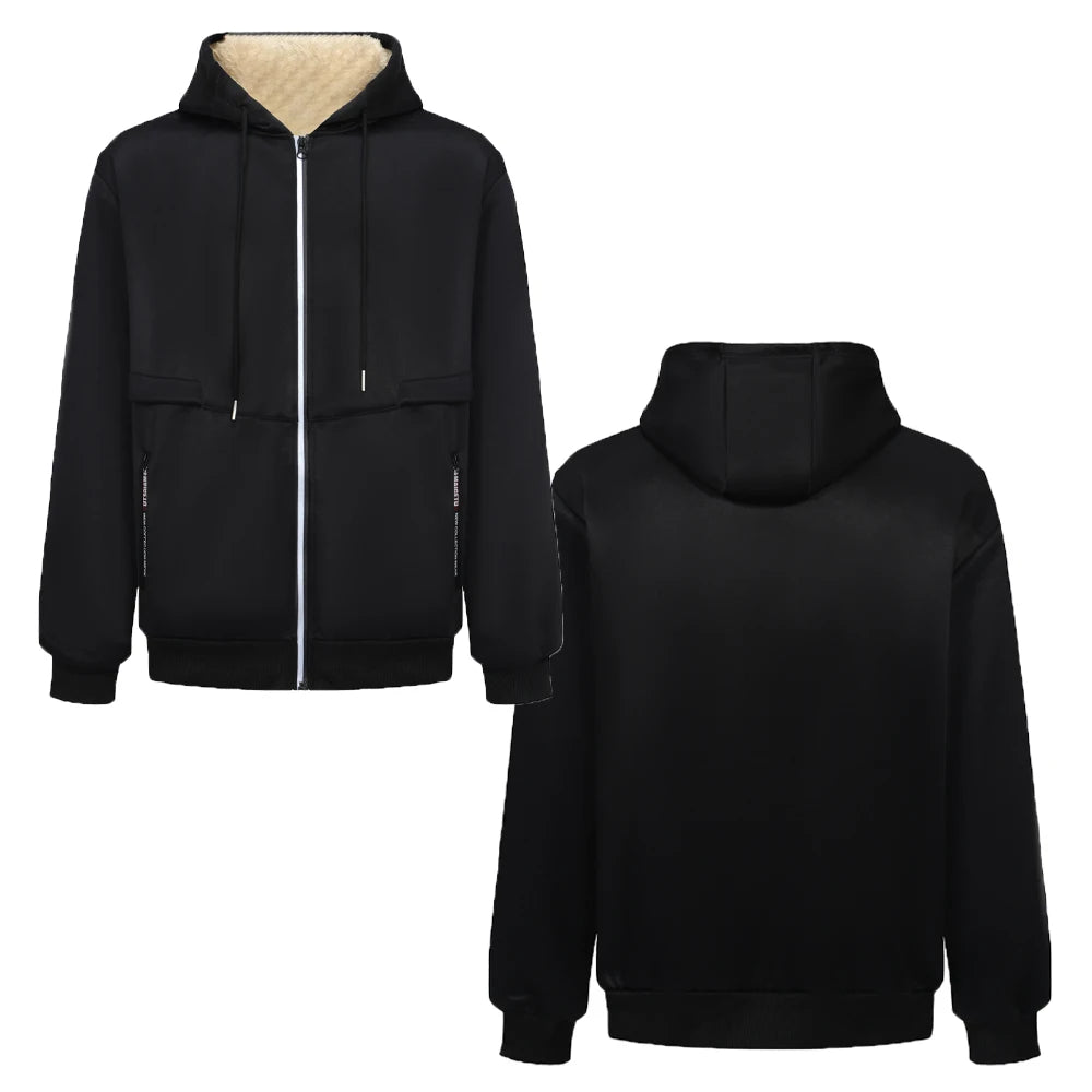 Unisex-Kapuzenstrickjacke aus Lammwolle, gefüttert mit Plüsch, Reißverschluss, Vordertaschen, warm für den Winter, einfarbig | Premium Hoodie aus Lammwolle