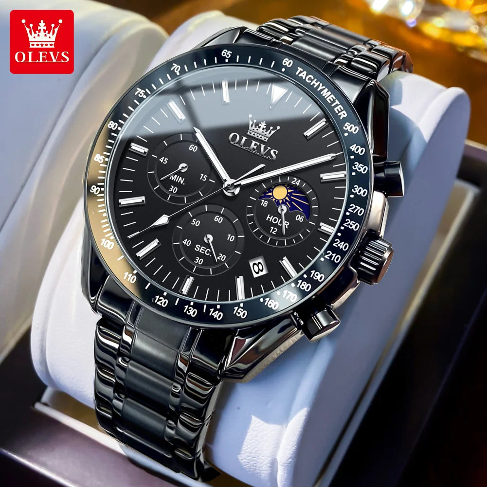 Montre Homme OLEVS Chronographe Phase de Lune Quartz Bleu Acier – Étanche Lumineux Date Fashion