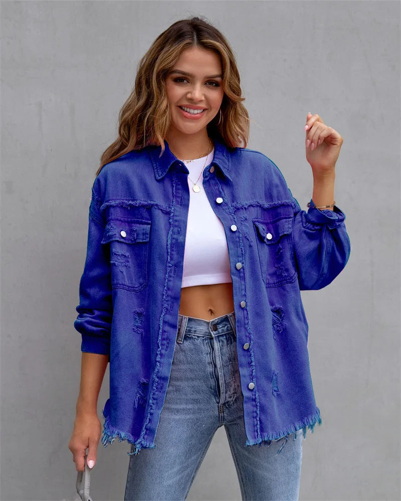 Veste en Jean Femme Bords Bruts Troués – Style Chemise Casual | Printemps Automne Tendance 2025