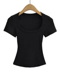 Crop Top Femme Col Carré Slim Stretch Manches Courtes Sexy – T-Shirt Court Élastique Casual Été | Mode