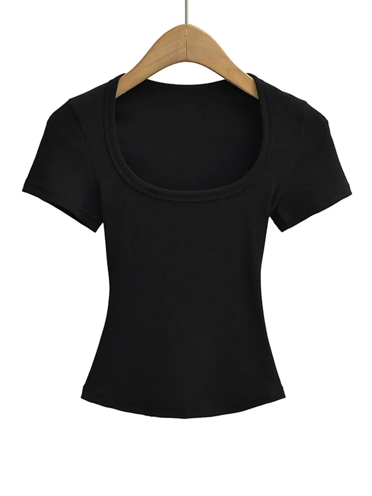 Crop Top Femme Col Carré Slim Stretch Manches Courtes Sexy – T-Shirt Court Élastique Casual Été | Mode