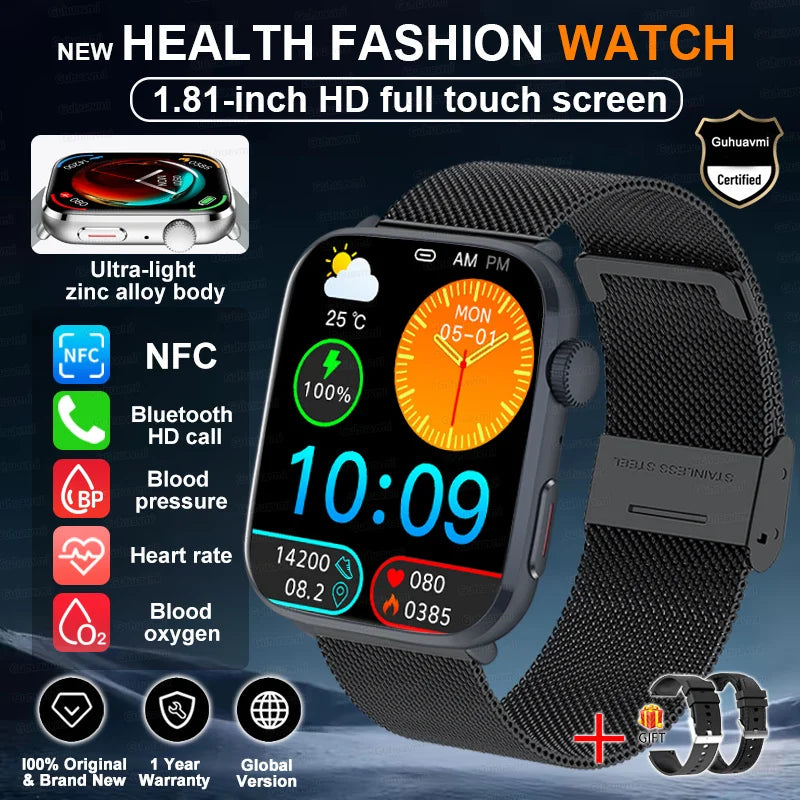 Smartwatch 2025 Unisex Gesundheit NFC Bluetooth – Blutdruck Sauerstoff Sport Anrufe | Herren & Damen