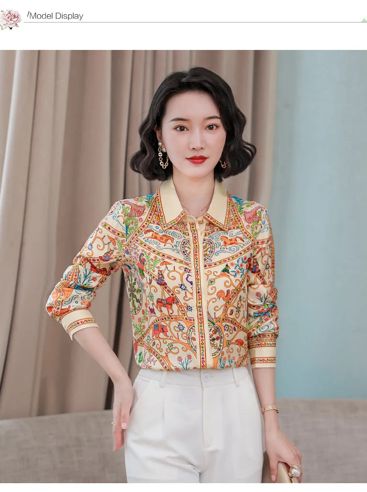 Chemisier Femme Vintage Imprimé Luxe Manches Longues Slim Élégant – Blouse Casual Chic | Automne S-3XL