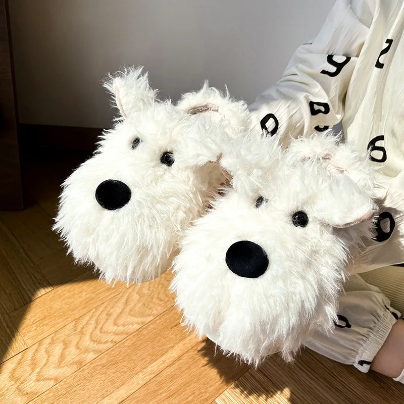 Chaussons Chien Cartoon Plush Hiver Femme – Coton Chaud Non-Slip Intérieur Maison