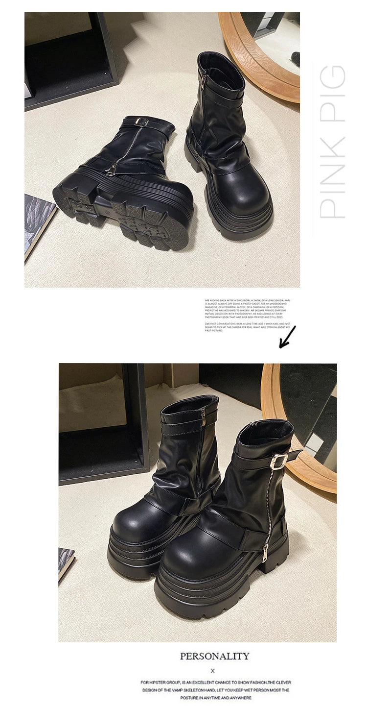 Bottines Cuir Femme 10CM Chunky Platform – Combat Boots Punk Moto Non-Slip Automne Hiver