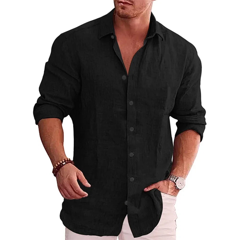Chemise Homme Lin Coton Manches Longues Couleur Unie Casual Resort Style Polyvalente Automne Élégante Respirante – Chemise Lin Premium Toutes Saisons | Mode Homme Premium
