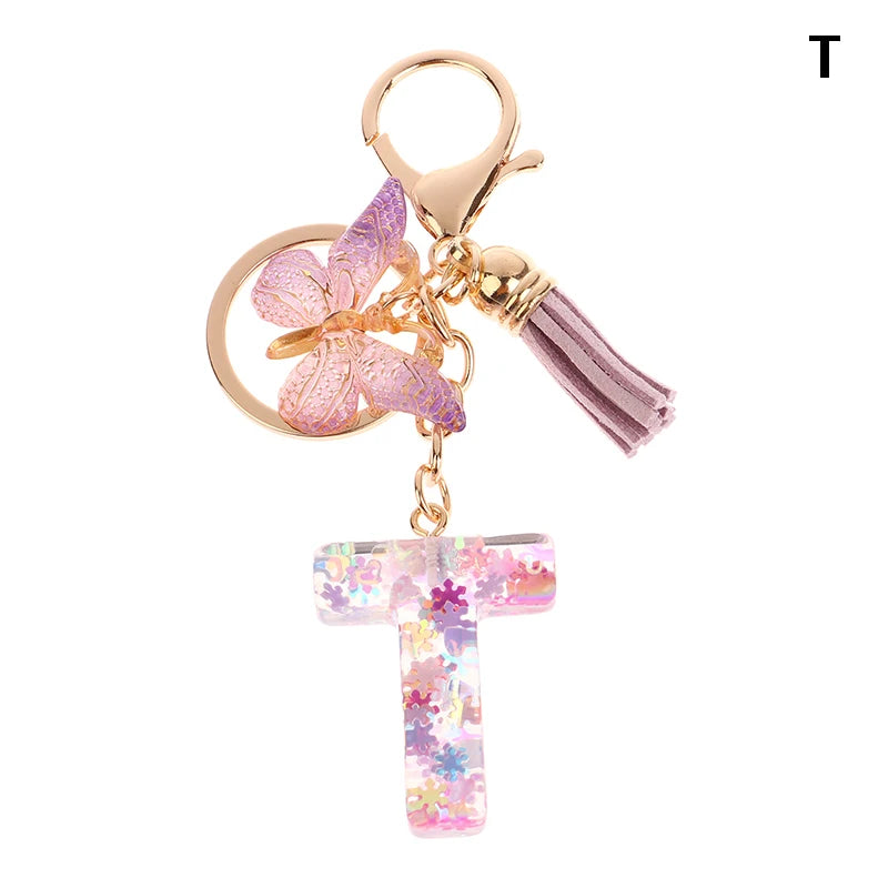 Porte-Clés Lettre Initiale Sequins Femme – Pendentif Papillon Pompon Sac Voiture Bijou