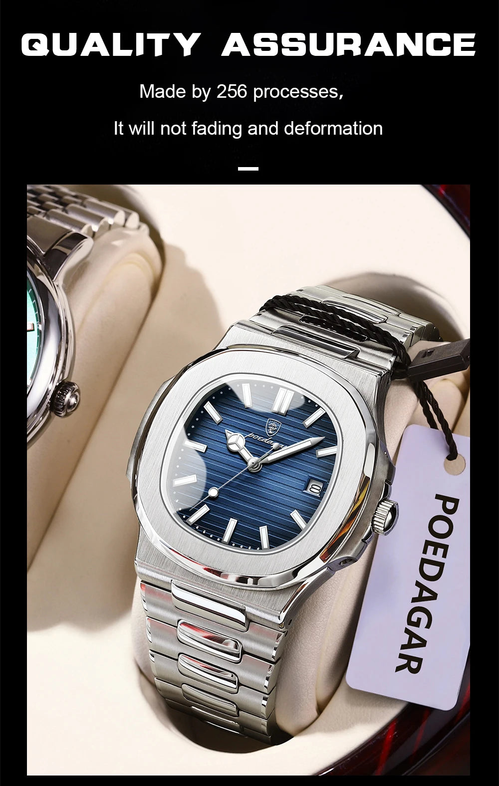 Montre Homme POEDAGAR Carré Luxe Quartz – Acier Lumineux Étanche Date Sport Business