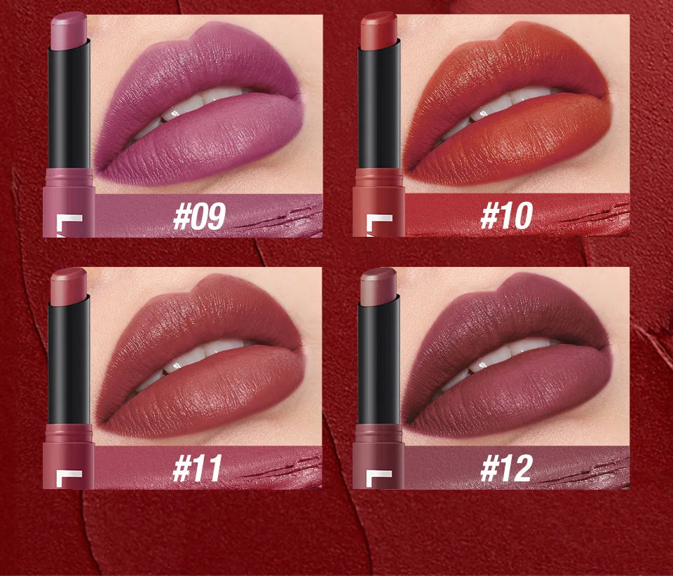 Crayon Lèvres Mat Waterproof 12 Couleurs – Longue Tenue Sans Transfert | Teinture Nude & Lip Stain