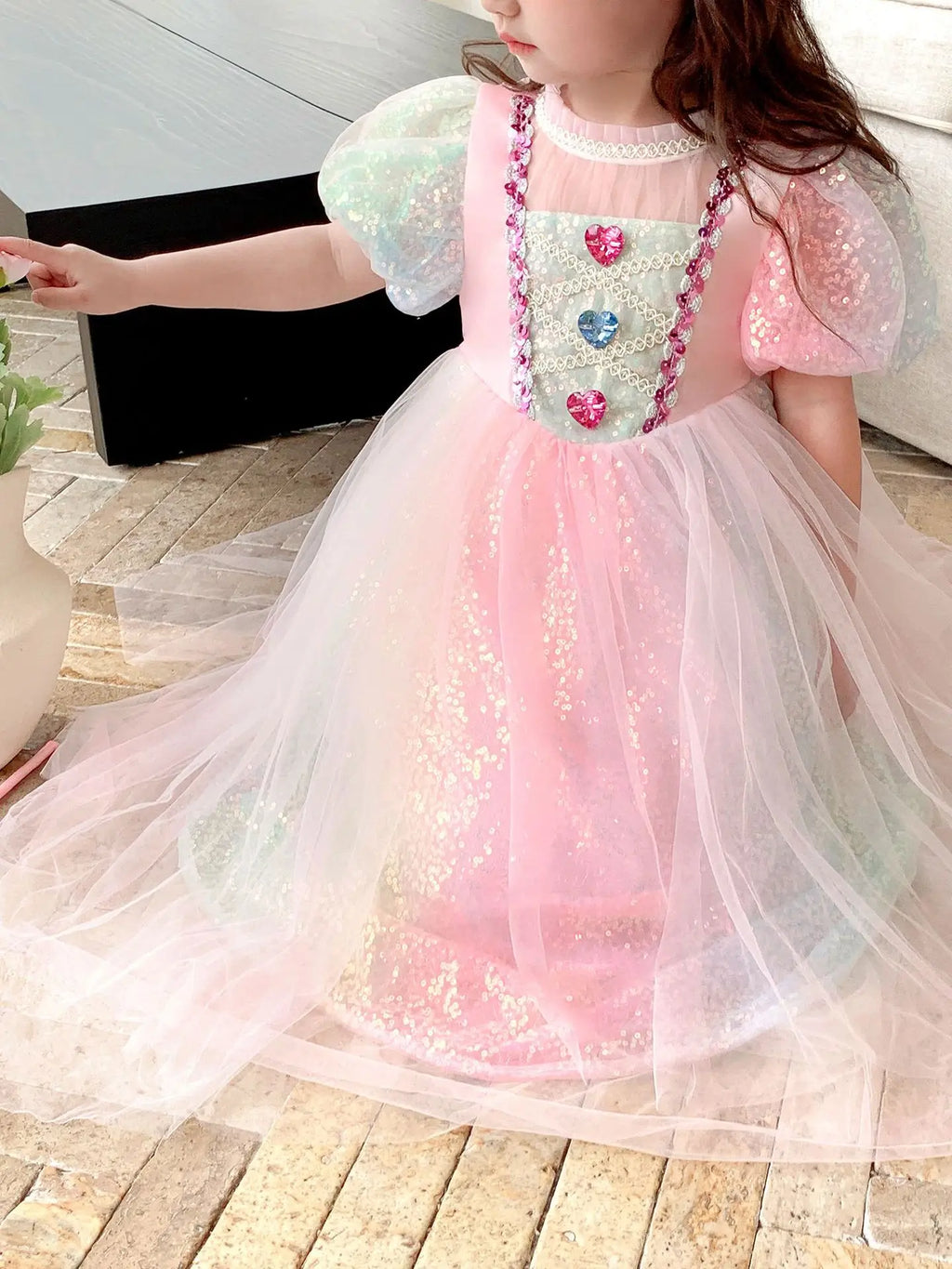 Meerjungfrau Prinzessin Kleid Mädchen Pailletten Perlen Puffärmel – Faschingskostüm Halloween Cosplay