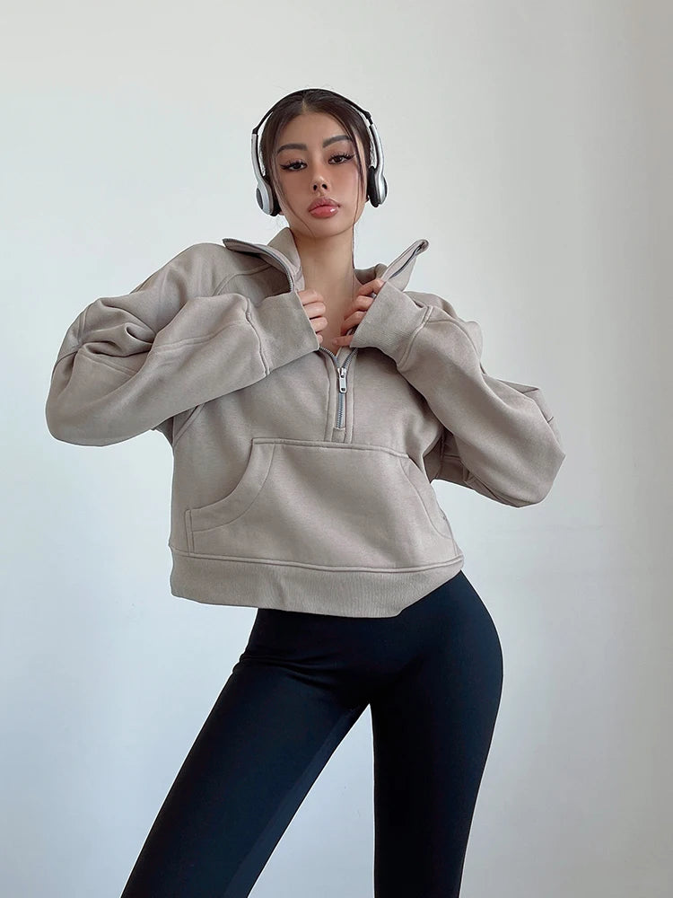 Sweat Femme Oversize Zip Polaire – Hoodie Streetwear Chaud Casual Rose Blanc