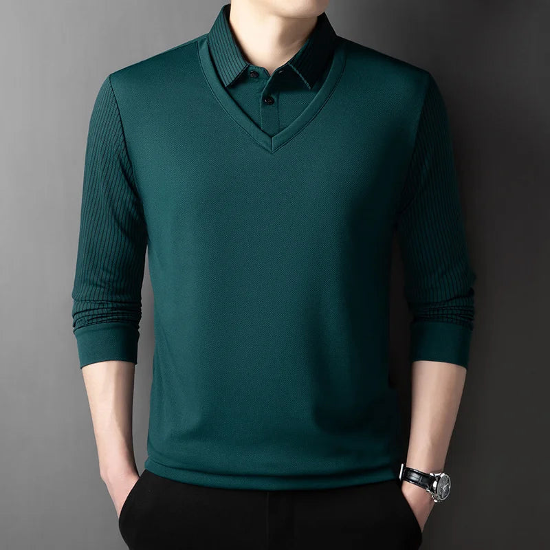 Polo Homme Manches Longues Faux Deux Pièces Couleur Unie – Business Casual Élégant Toutes Saisons Polyvalent | Mode Homme Premium