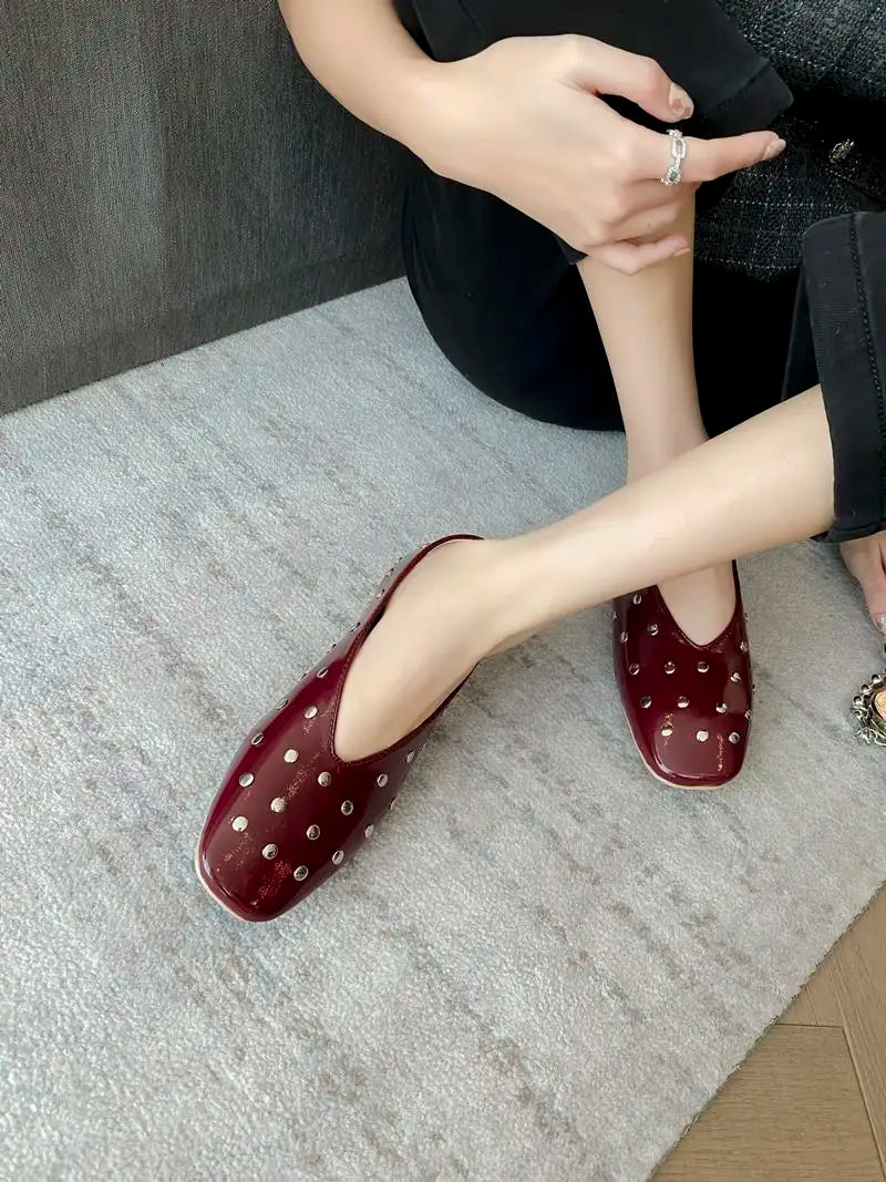 MORAZORA Ballerines Rivets Bout Carré Slip-on – Loafers Femme Noir Rouge Tailles 34-43