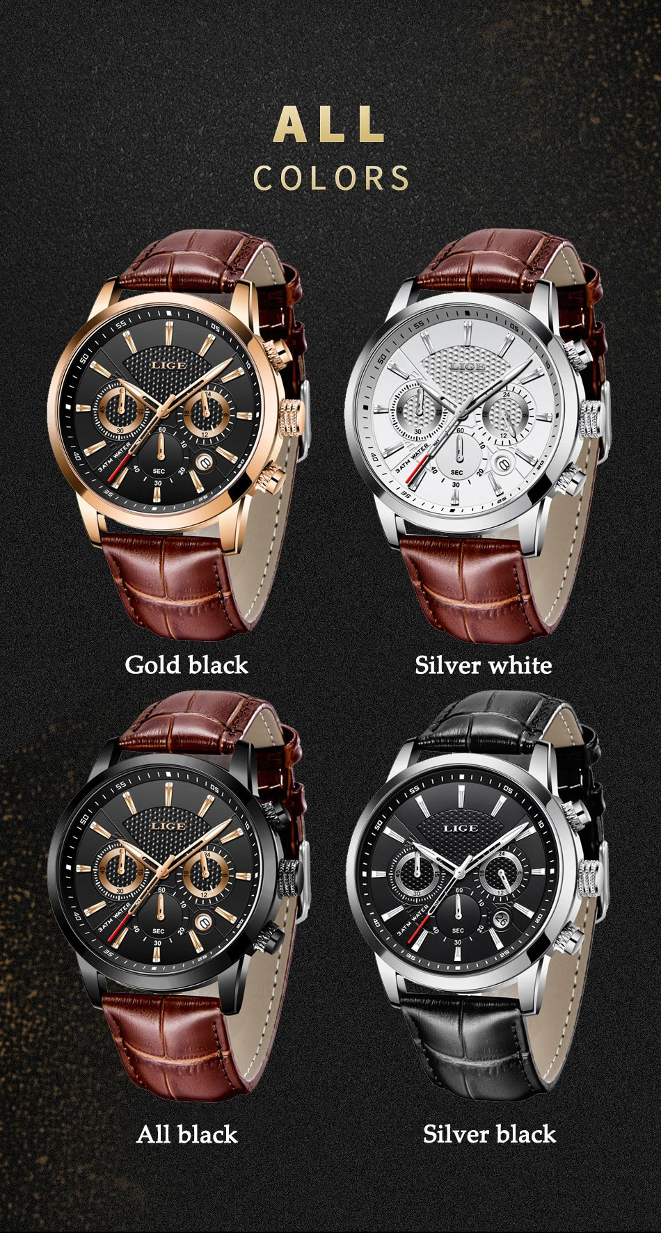 Montre Homme Luxe LIGE Chronographe Quartz Cuir – Business Sport Étanche Date 2025