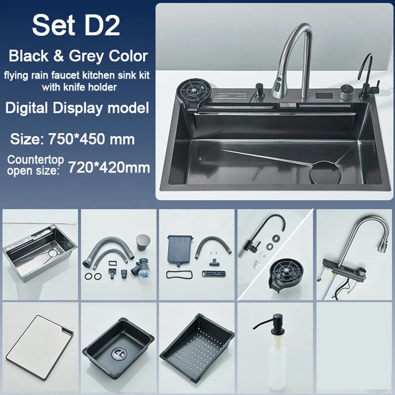 Évier Cuisine Inox 75x45cm Affichage Digital Température – Grand Bac, Robinet Cascade Eau Chaude & Froide | Design Moderne