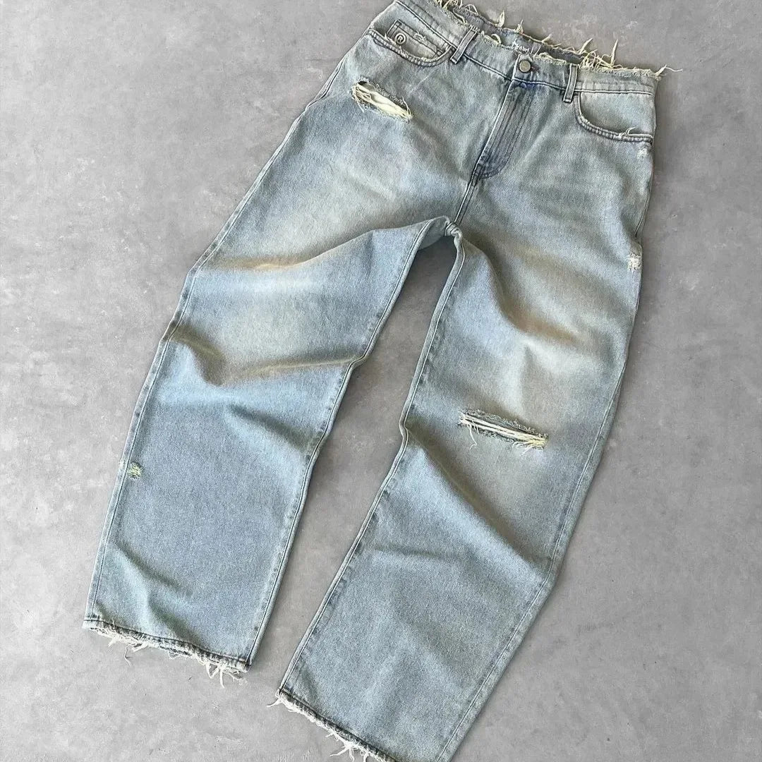 Jean Homme Droit Destroyé Troué Lavé Denim Loose Cheville Fermeture Éclair Poches Casual Vintage | Jean Destroyé Vintage Premium