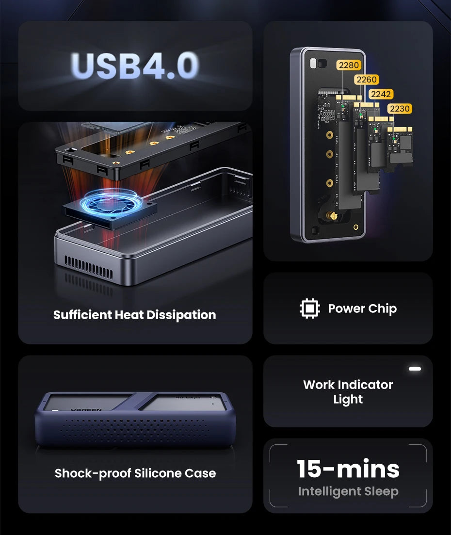 UGREEN Boitier SSD NVMe 40Gbps – Adaptateur M.2 vers USB4.0 | Refroidissement Intégré Aluminium PCIE