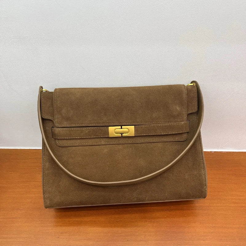 Sac Carré Femme Cuir Suède Luxe – Boucle Dorée Rétro Bandoulière Hiver Premium