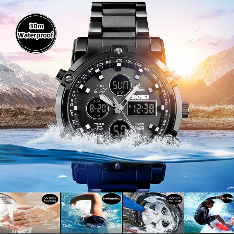 Montre Homme SKMEI Luxe Bracelet Acier 3 Fuseaux Horaires LED Sport Alarme Analogique Digitale Chronomètre | Montre SKMEI Multifonction Sport Luxe Premium